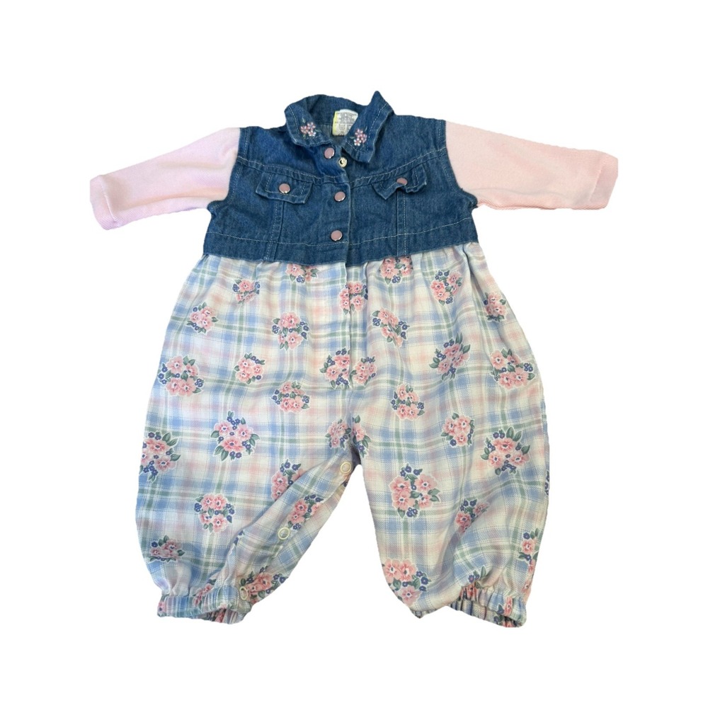 Bubble Romper Denim Floral Vintage 80s Baby Girl Pink Blue Plaid 3‎ 6 Months